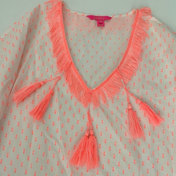 Lilly Pulitzer Kipper Cover-up Minidress Tangelo Neon Clip Tassels White coral - Picture 3 of 9
